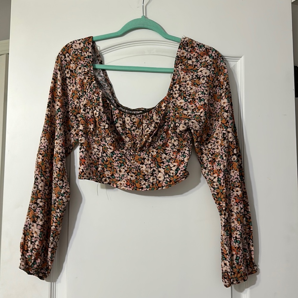 Floral long sleeve square neck crop top